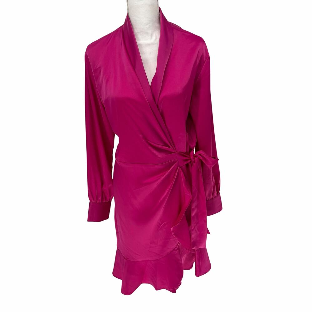 Bar III Pink Fuchsia Ruffled Long Sleeve Wrapped Dress Large